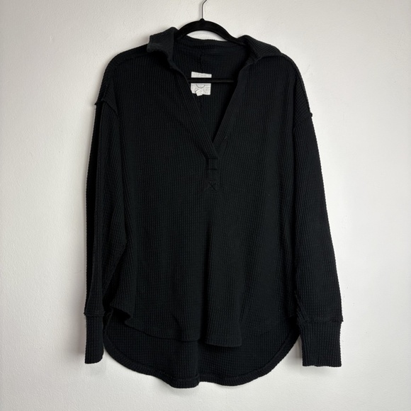 Aerie Lumberjane Waffle Knit Polo Sweatshirt Size XS Black Collared Tunic Boho - Picture 2 of 5